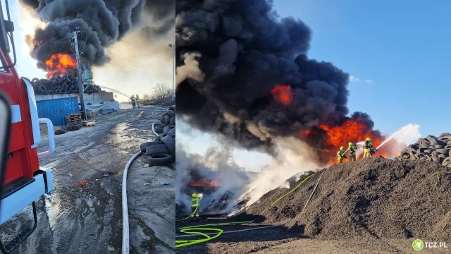 Tczew - Pożar w Rożentalu opanowany. Strażacy nadal dogaszają tysiące płonących opon